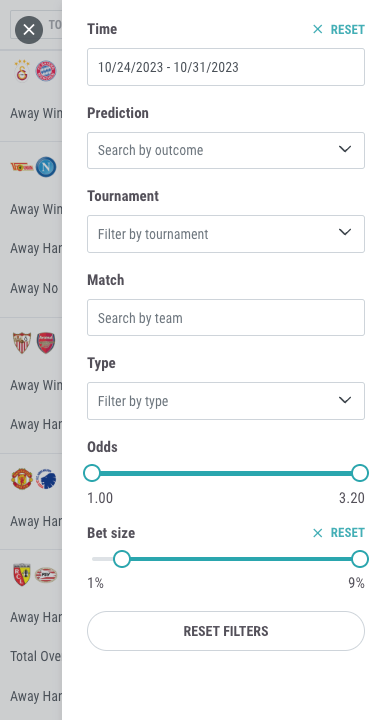 Predictions manager filters